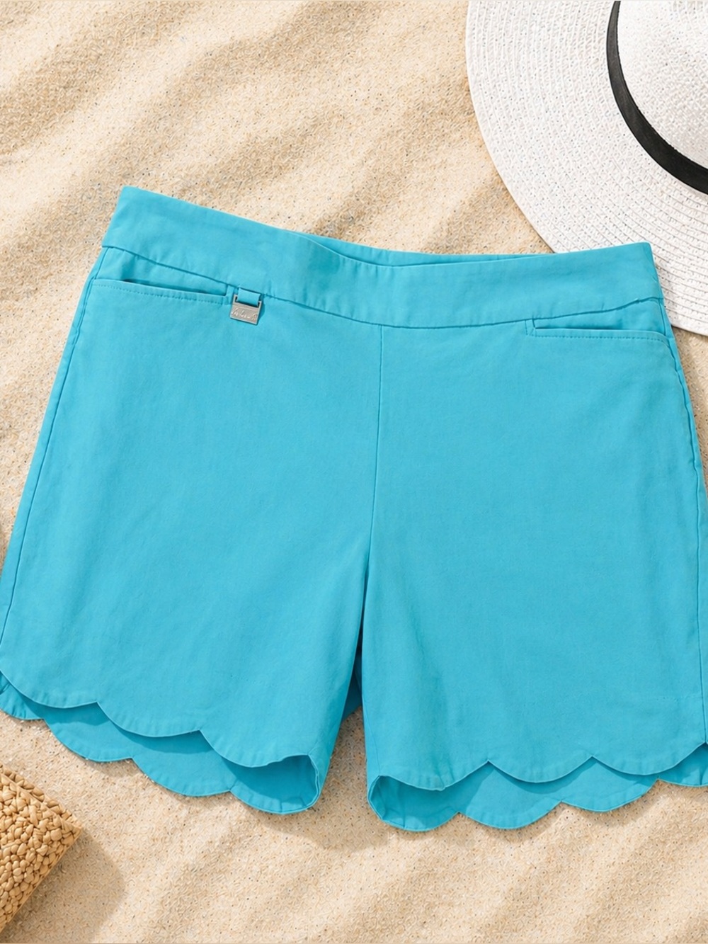 Lulu B Clear Turquoise Scallop Hem Shorts Pull On Beach Resort Size 14